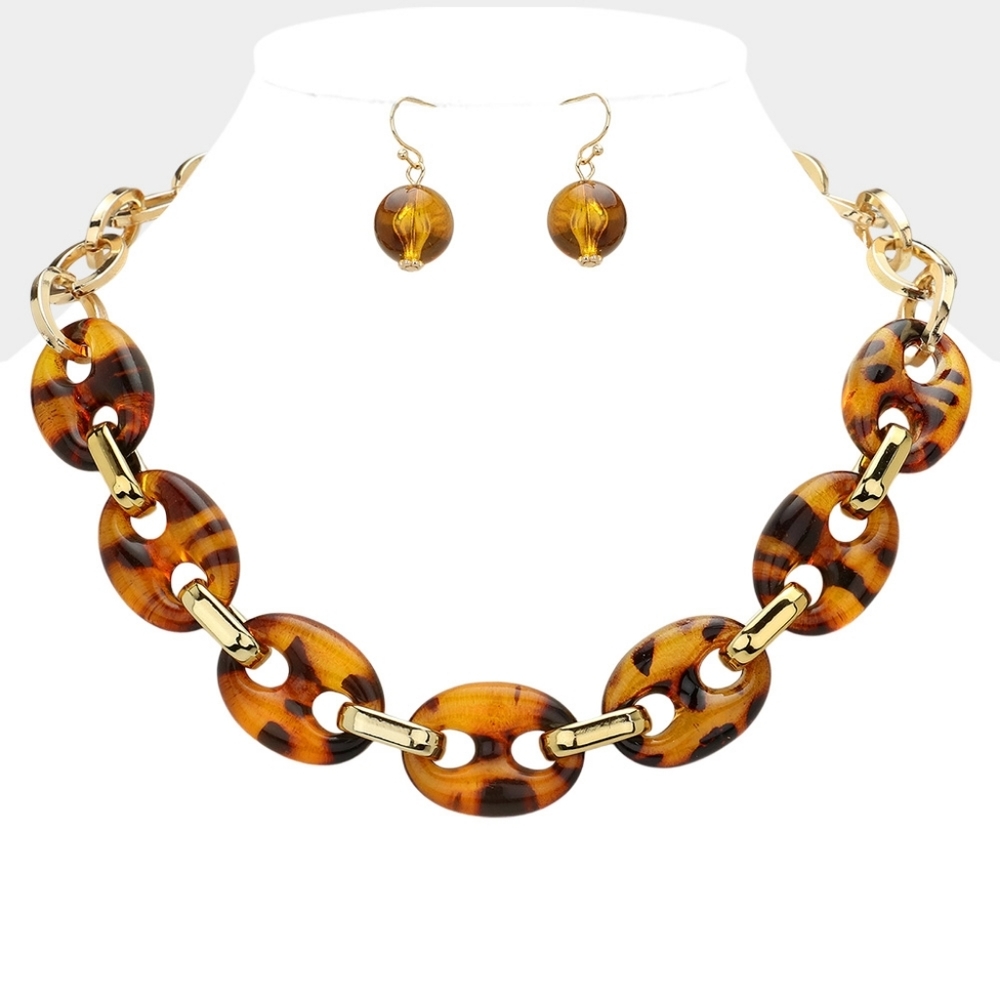 Brown Gold Mariner Link Necklace Celluloid Chunky Chain Statement Jewelry